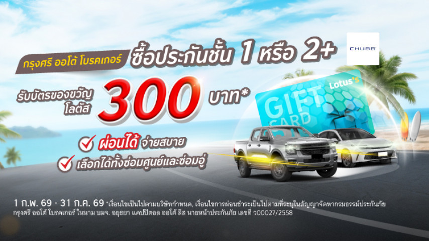 ซื้อประกันรถ ชั้น 1 หรือ 2+ รับบัตรกำนัลโลตัส 300 บาท โดย บมจ. ชับบ์สามัคคีประกันภัย